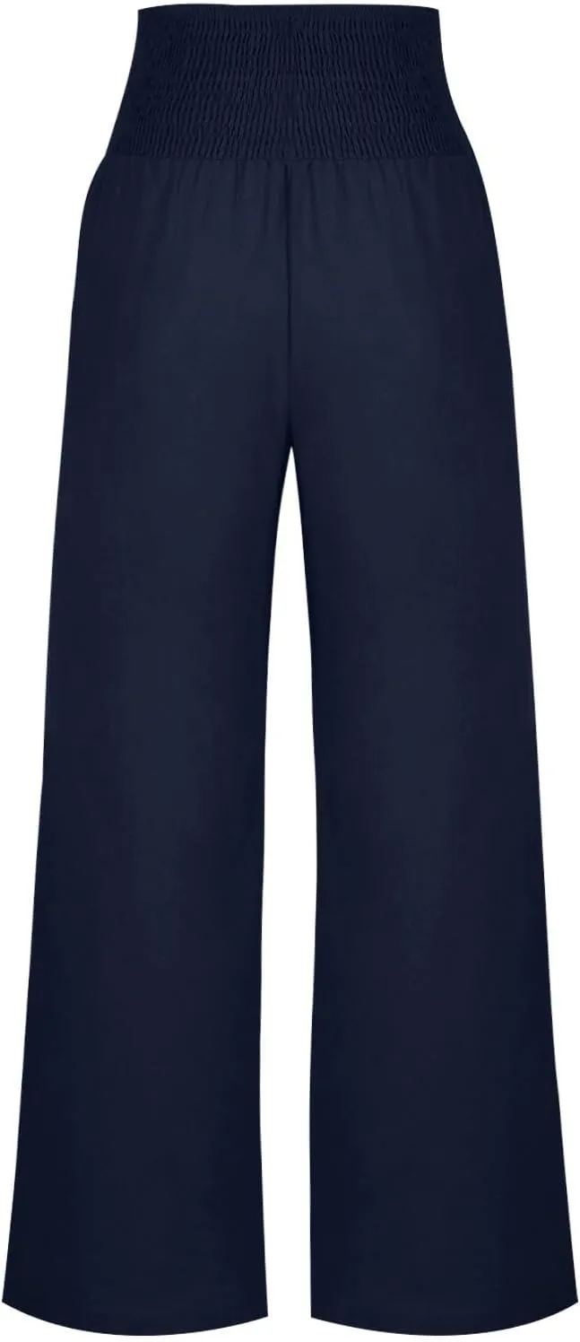 2025 Women Cotton Linen Smocked High Waist Pants Solid Wide Leg Long Pant Casual Lounge Trousers with Pockets