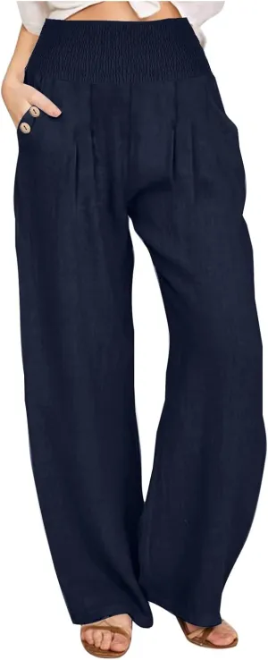 2025 Women Cotton Linen Smocked High Waist Pants Solid Wide Leg Long Pant Casual Lounge Trousers with Pockets