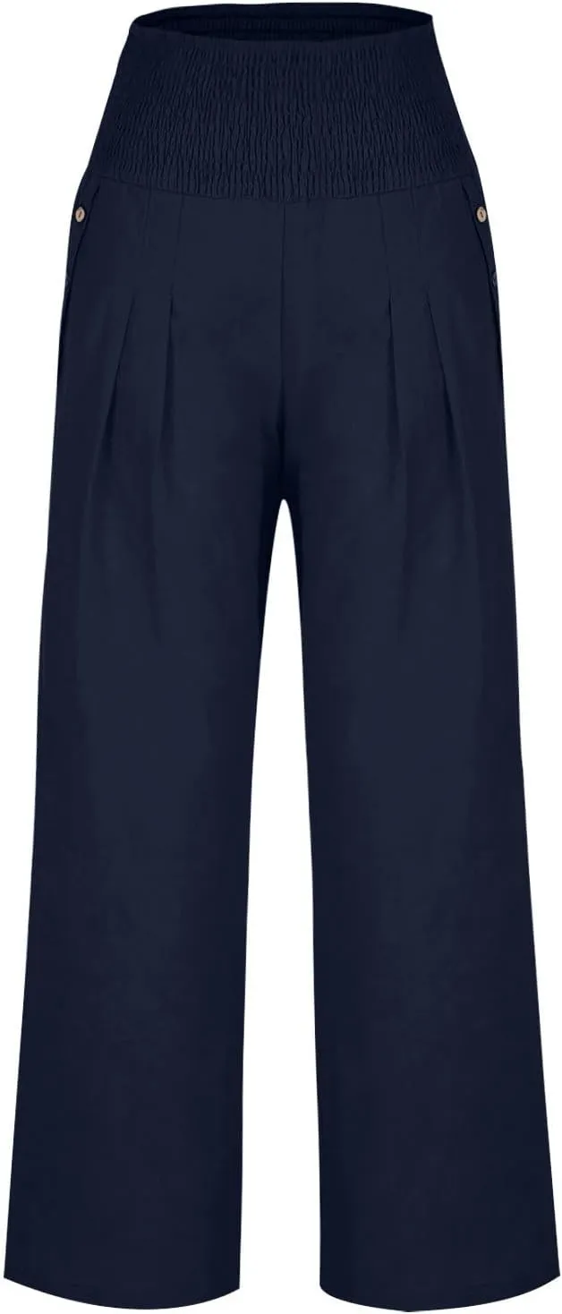 2025 Women Cotton Linen Smocked High Waist Pants Solid Wide Leg Long Pant Casual Lounge Trousers with Pockets
