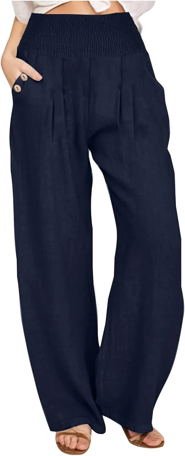 2025 Women Cotton Linen Smocked High Waist Pants Solid Wide Leg Long Pant Casual Lounge Trousers with Pockets