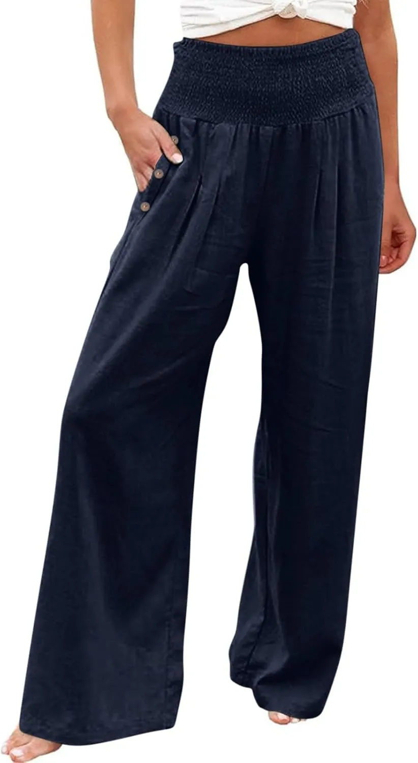 2025 Women Cotton Linen Smocked High Waist Pants Solid Wide Leg Long Pant Casual Lounge Trousers with Pockets