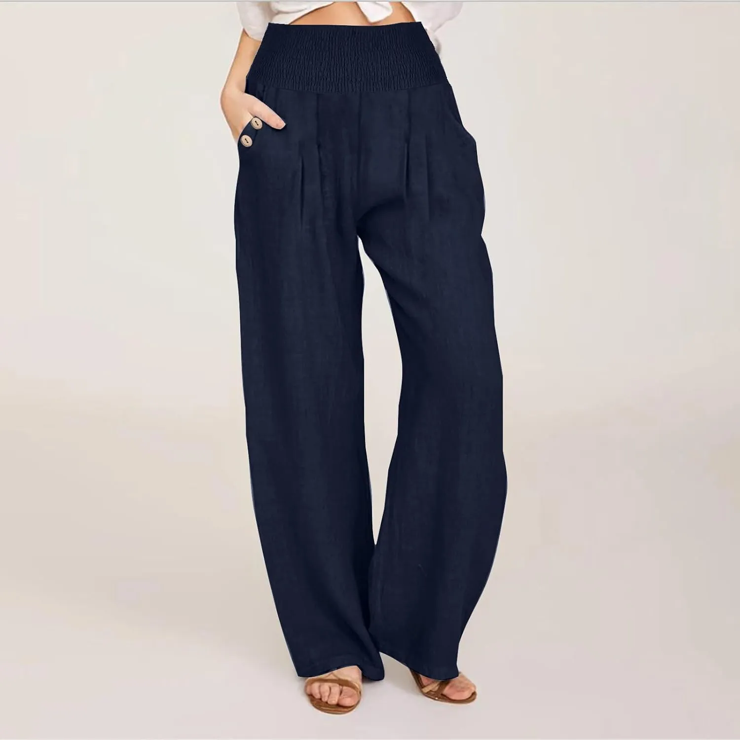2025 Women Cotton Linen Smocked High Waist Pants Solid Wide Leg Long Pant Casual Lounge Trousers with Pockets