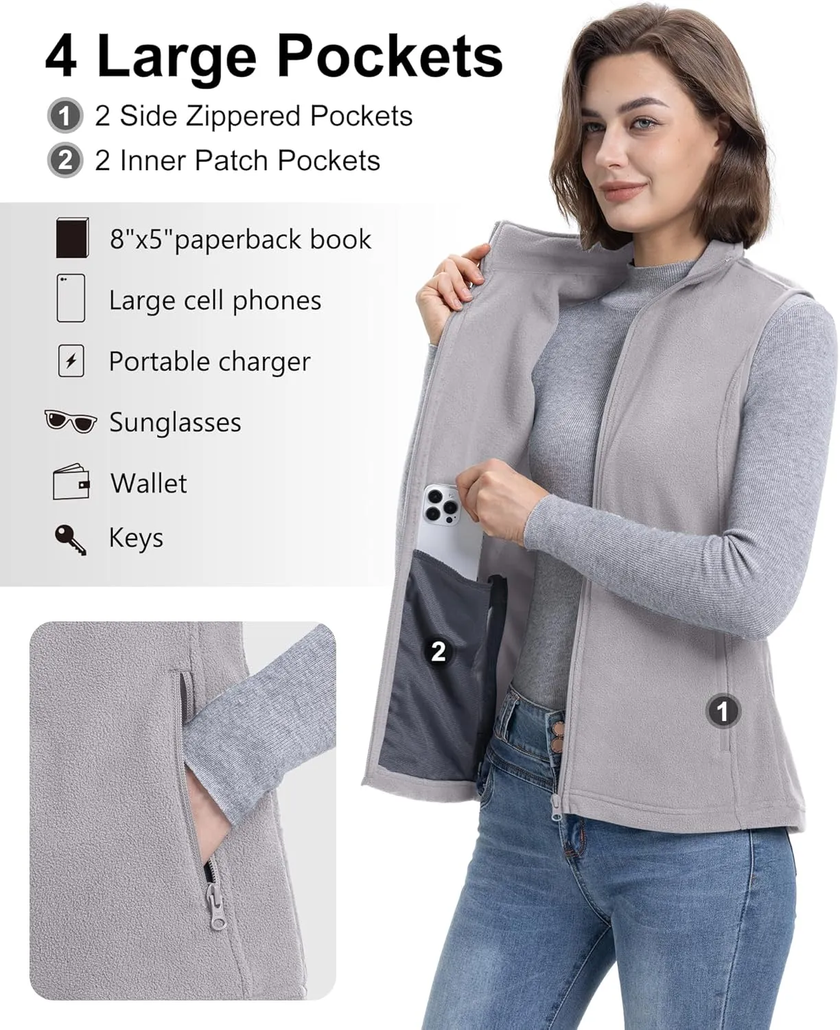 33,000ft Women's Fleece Vest, Lightweight Warm Polar Soft Vests Outerwear with Zip Up Pockets, Sleeveless Jacket for Winter