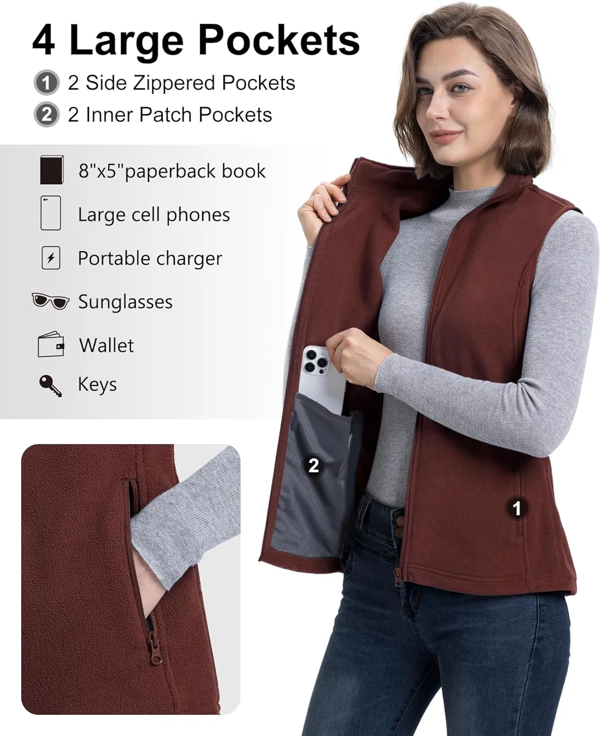 33,000ft Women's Fleece Vest, Lightweight Warm Polar Soft Vests Outerwear with Zip Up Pockets, Sleeveless Jacket for Winter