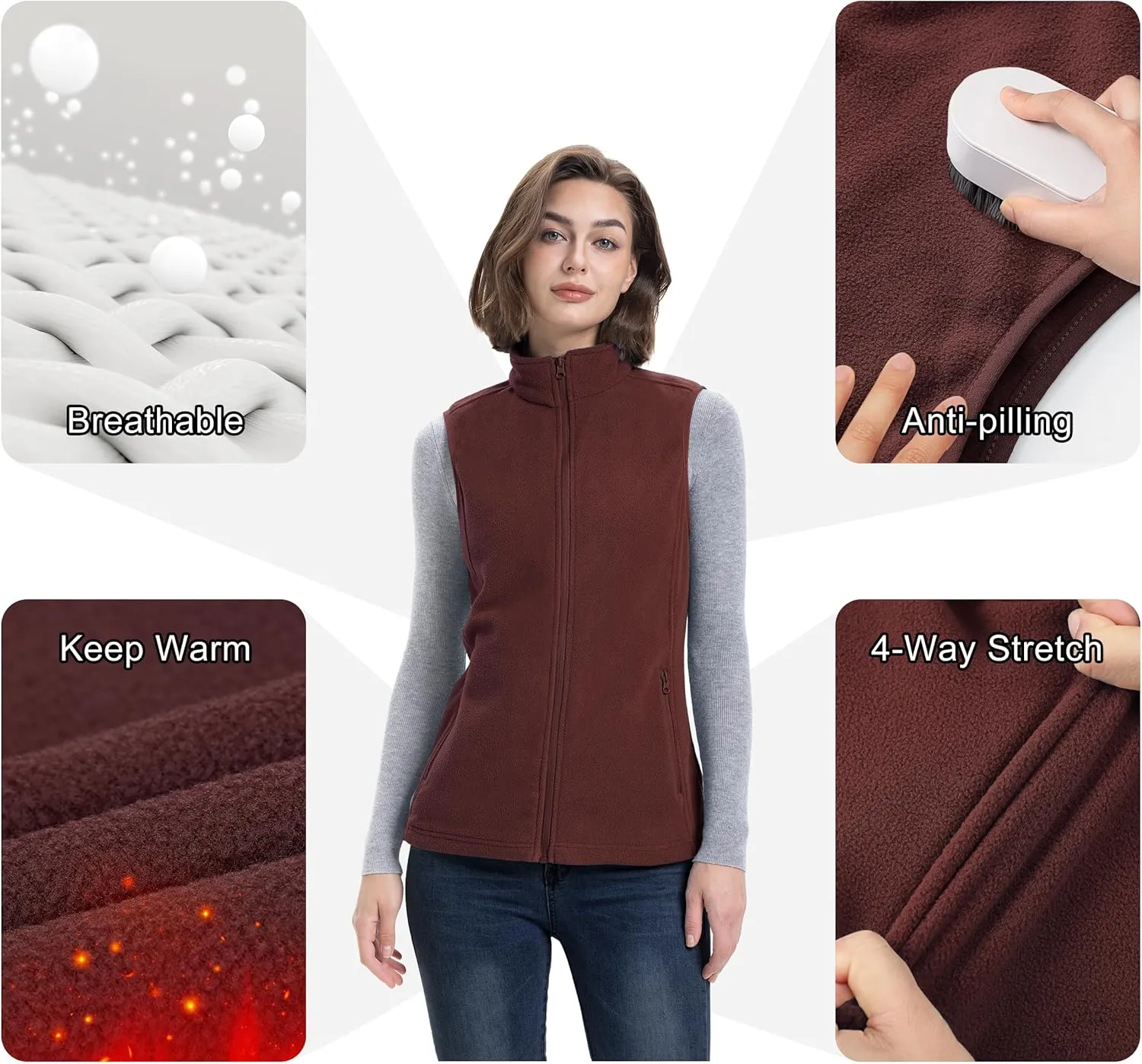 33,000ft Women's Fleece Vest, Lightweight Warm Polar Soft Vests Outerwear with Zip Up Pockets, Sleeveless Jacket for Winter