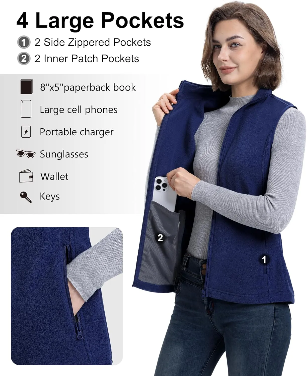 33,000ft Women's Fleece Vest, Lightweight Warm Polar Soft Vests Outerwear with Zip Up Pockets, Sleeveless Jacket for Winter
