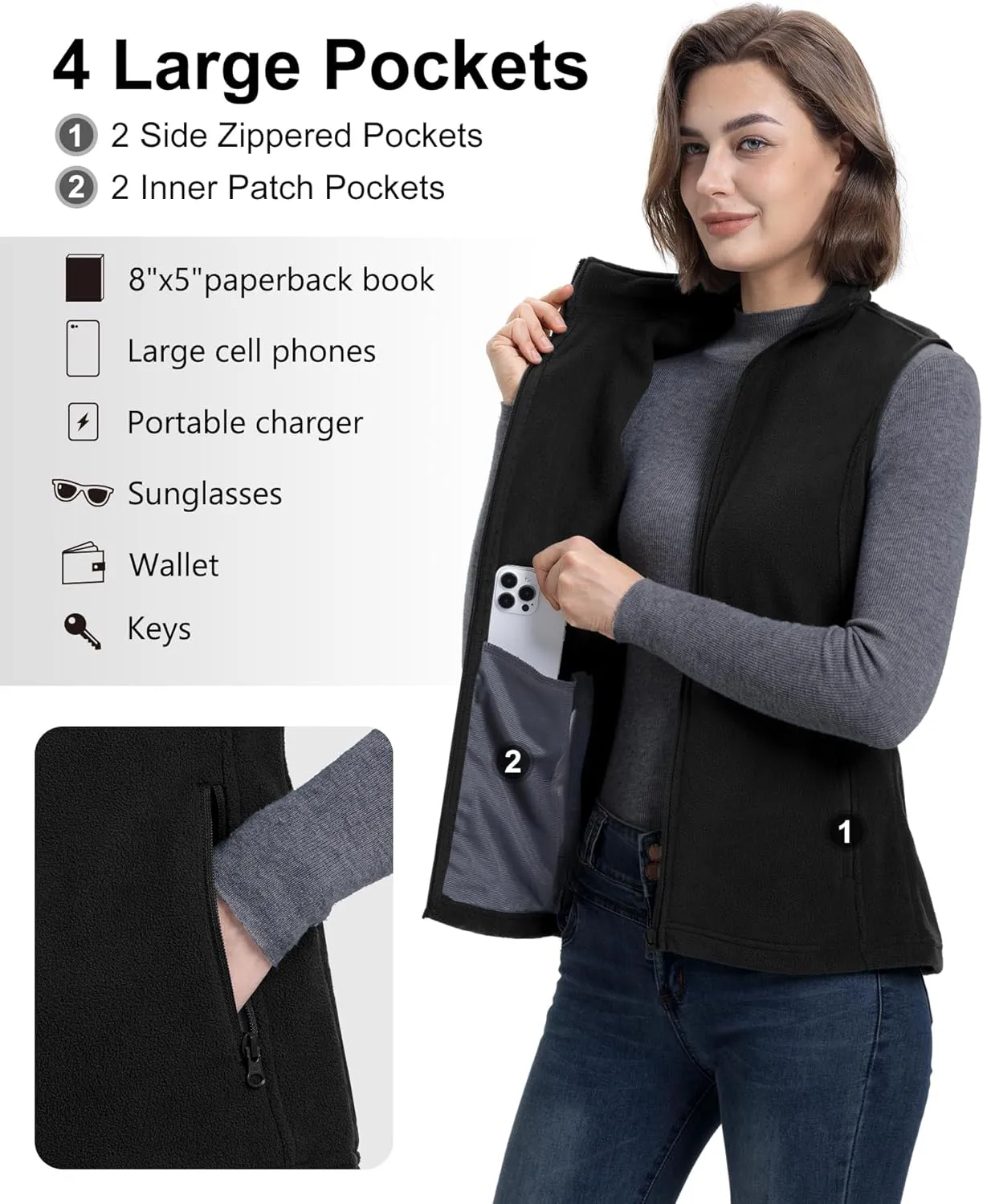 33,000ft Women's Fleece Vest, Lightweight Warm Polar Soft Vests Outerwear with Zip Up Pockets, Sleeveless Jacket for Winter