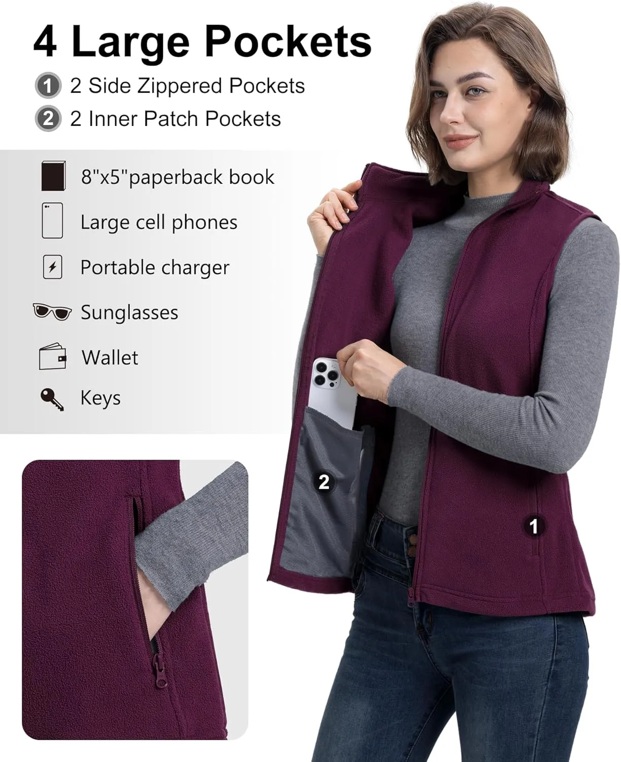 33,000ft Women's Fleece Vest, Lightweight Warm Polar Soft Vests Outerwear with Zip Up Pockets, Sleeveless Jacket for Winter