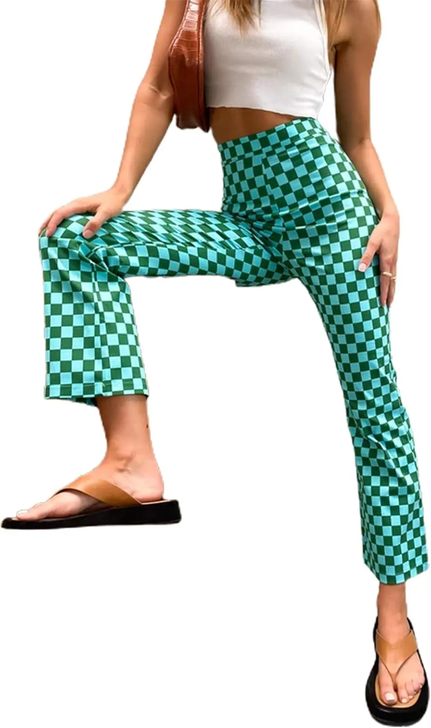 Acehomeyfit Women Casual Straight Wide Leg Flare Pants High Waist Baggy Checkerboard Printed Trousers Joggers 90s Streetwear