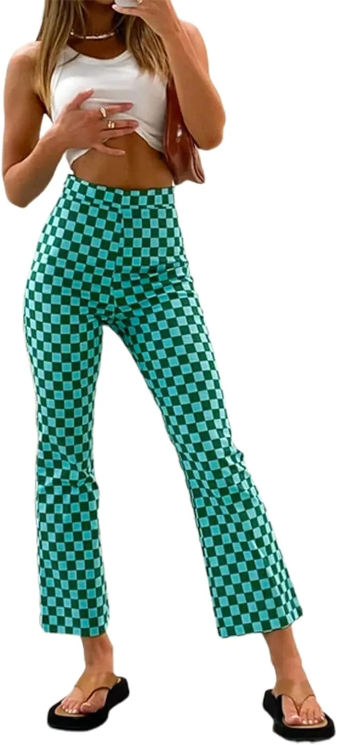 Acehomeyfit Women Casual Straight Wide Leg Flare Pants High Waist Baggy Checkerboard Printed Trousers Joggers 90s Streetwear