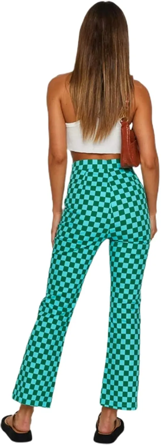 Acehomeyfit Women Casual Straight Wide Leg Flare Pants High Waist Baggy Checkerboard Printed Trousers Joggers 90s Streetwear