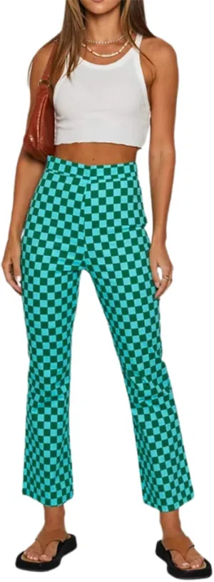 Acehomeyfit Women Casual Straight Wide Leg Flare Pants High Waist Baggy Checkerboard Printed Trousers Joggers 90s Streetwear