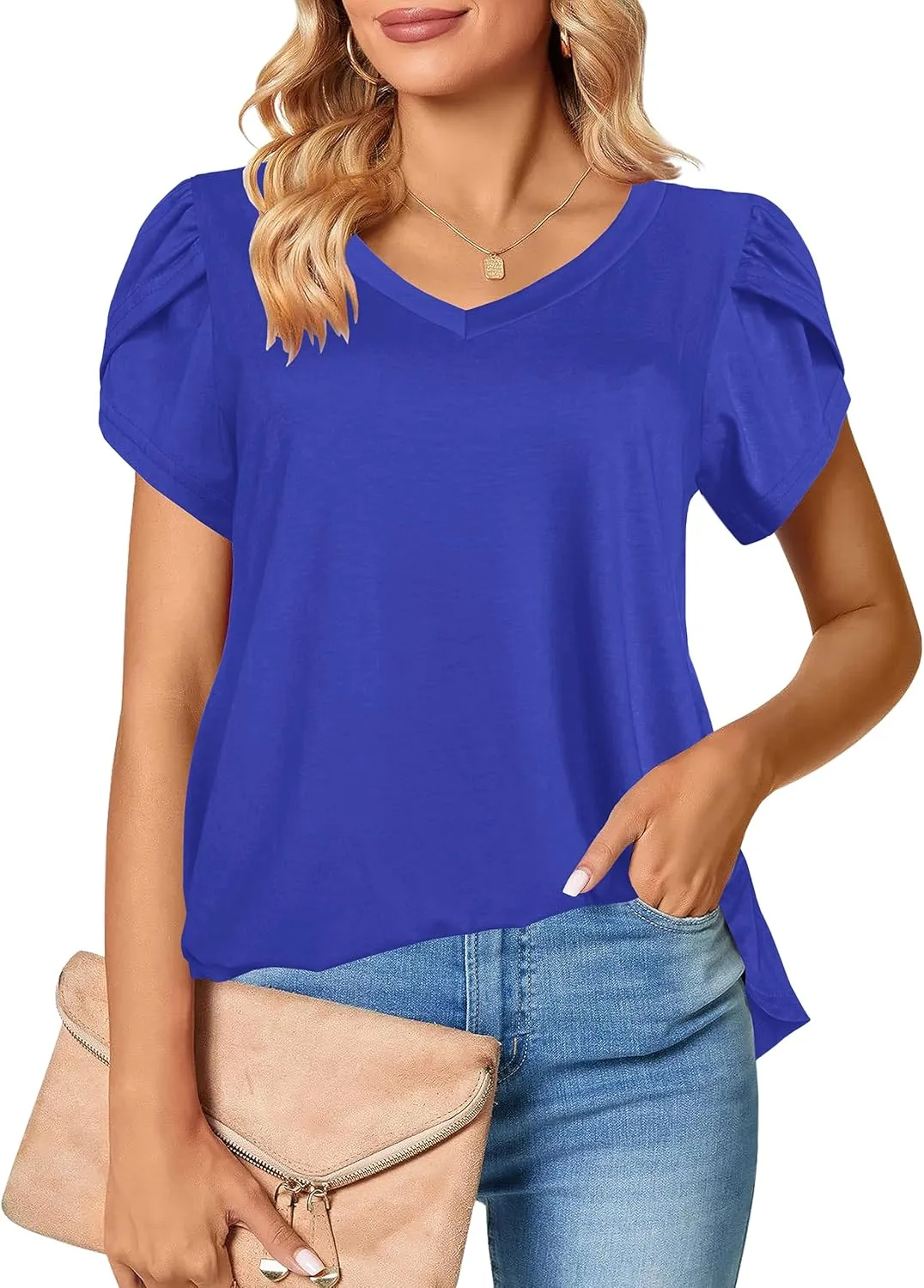 Afibi Womens Summer V Neck Loose Dressy Shirts Petal Short Sleeve Tunic Tops