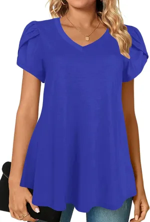 Afibi Womens Summer V Neck Loose Dressy Shirts Petal Short Sleeve Tunic Tops