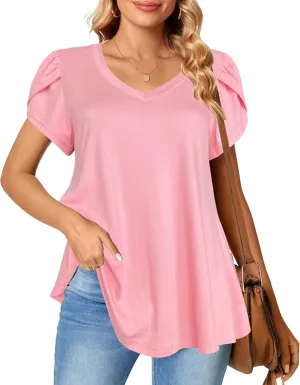 Afibi Womens Summer V Neck Loose Dressy Shirts Petal Short Sleeve Tunic Tops