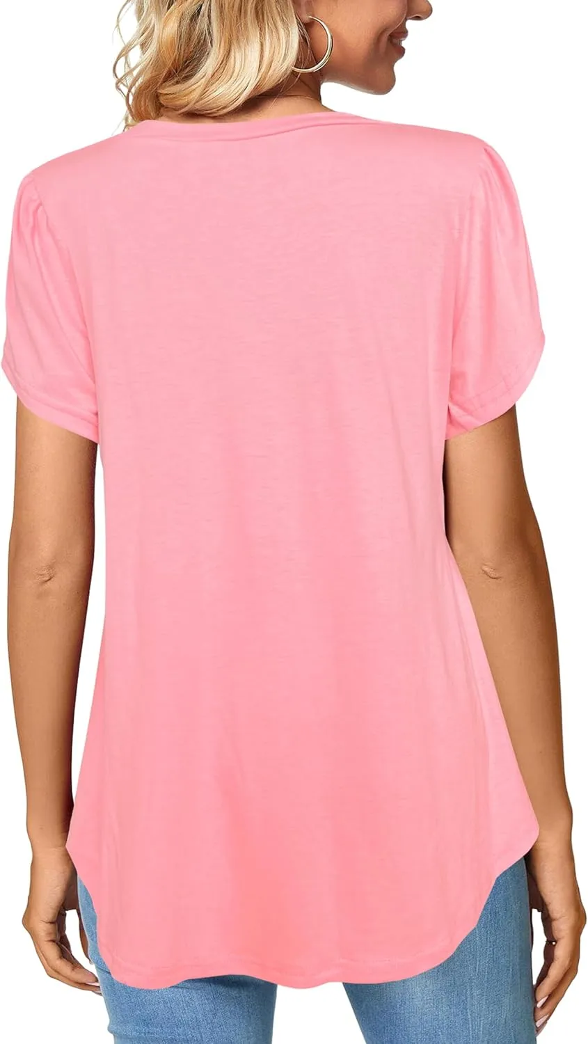 Afibi Womens Summer V Neck Loose Dressy Shirts Petal Short Sleeve Tunic Tops