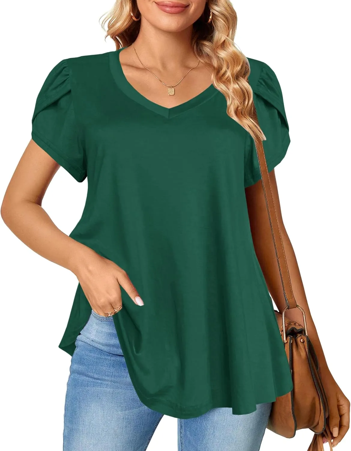 Afibi Womens Summer V Neck Loose Dressy Shirts Petal Short Sleeve Tunic Tops