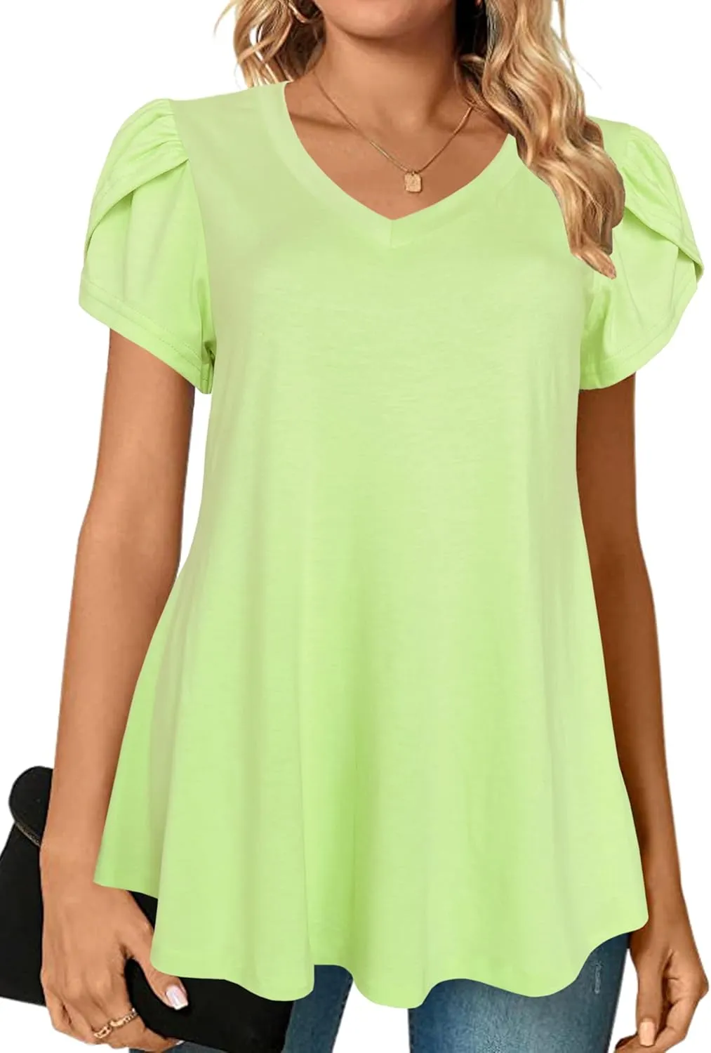 Afibi Womens Summer V Neck Loose Dressy Shirts Petal Short Sleeve Tunic Tops