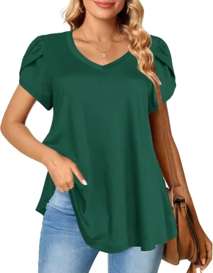 Afibi Womens Summer V Neck Loose Dressy Shirts Petal Short Sleeve Tunic Tops