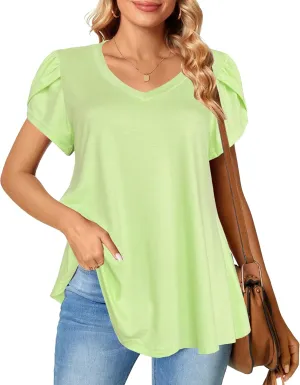 Afibi Womens Summer V Neck Loose Dressy Shirts Petal Short Sleeve Tunic Tops