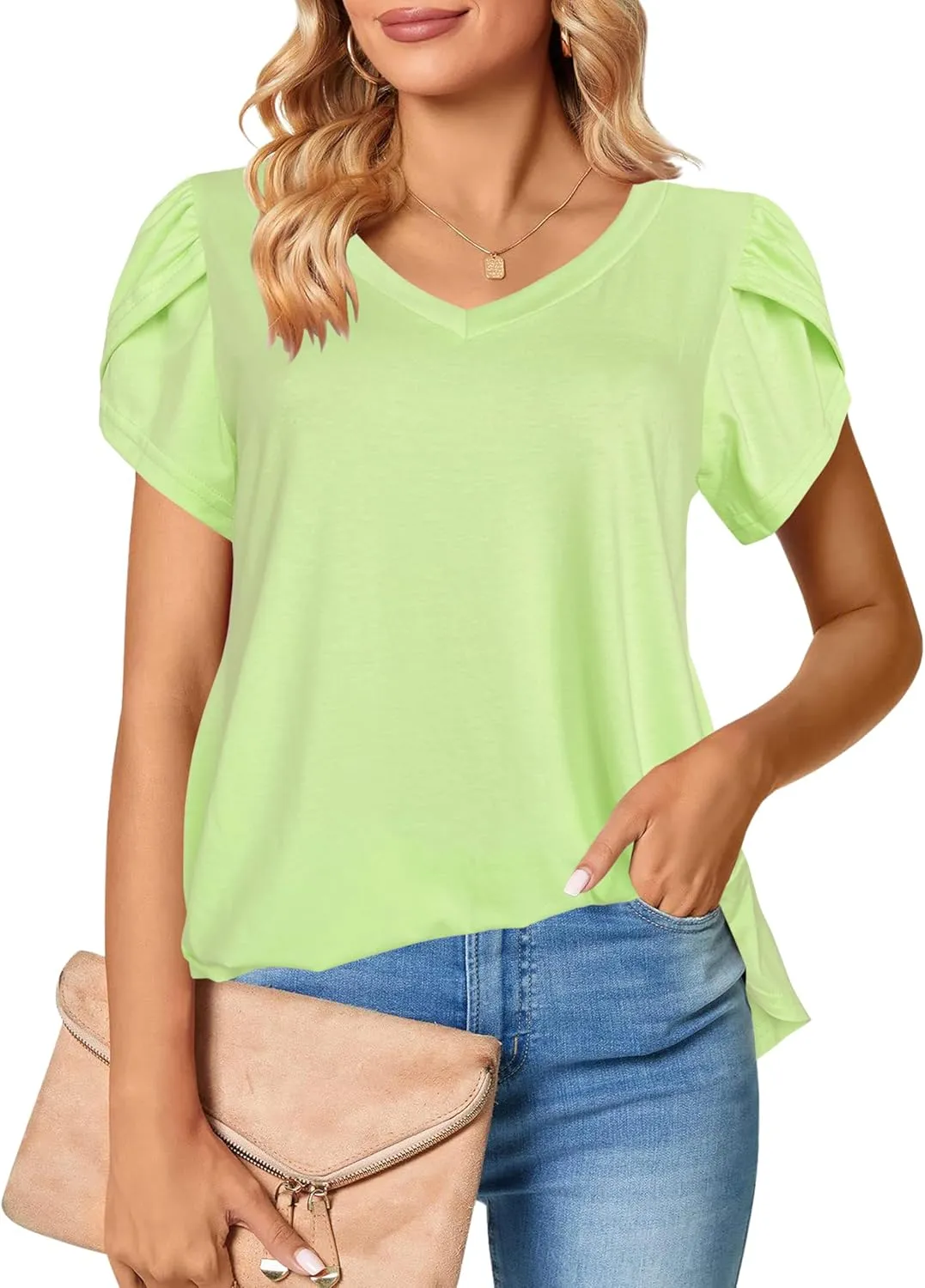 Afibi Womens Summer V Neck Loose Dressy Shirts Petal Short Sleeve Tunic Tops