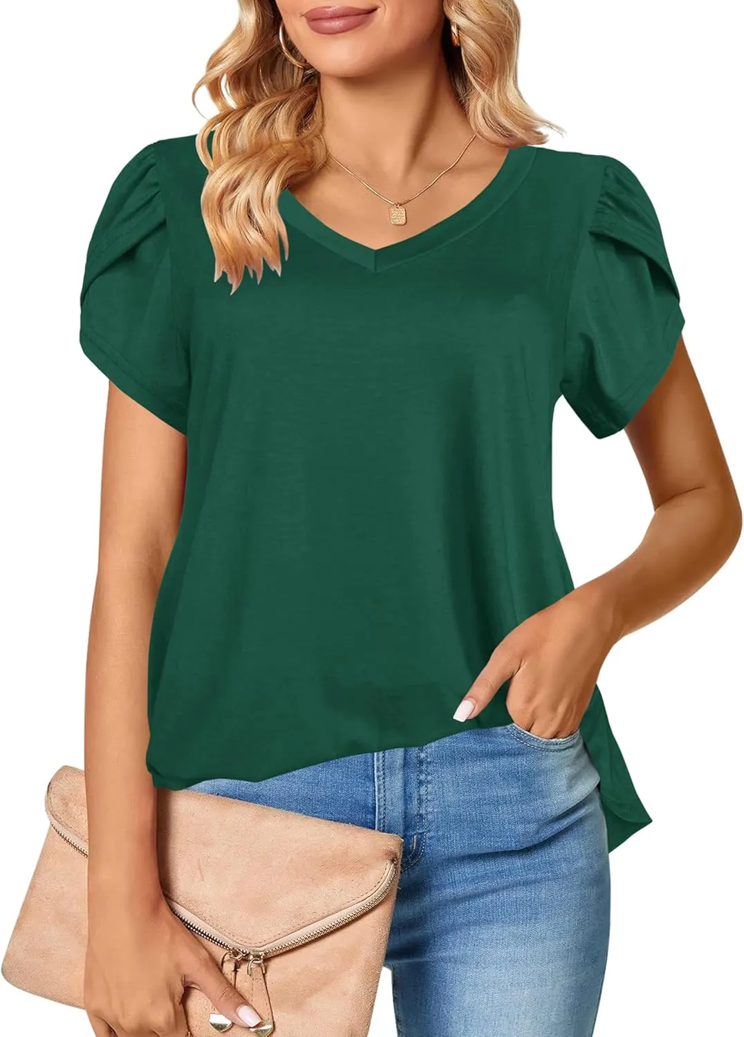 Afibi Womens Summer V Neck Loose Dressy Shirts Petal Short Sleeve Tunic Tops