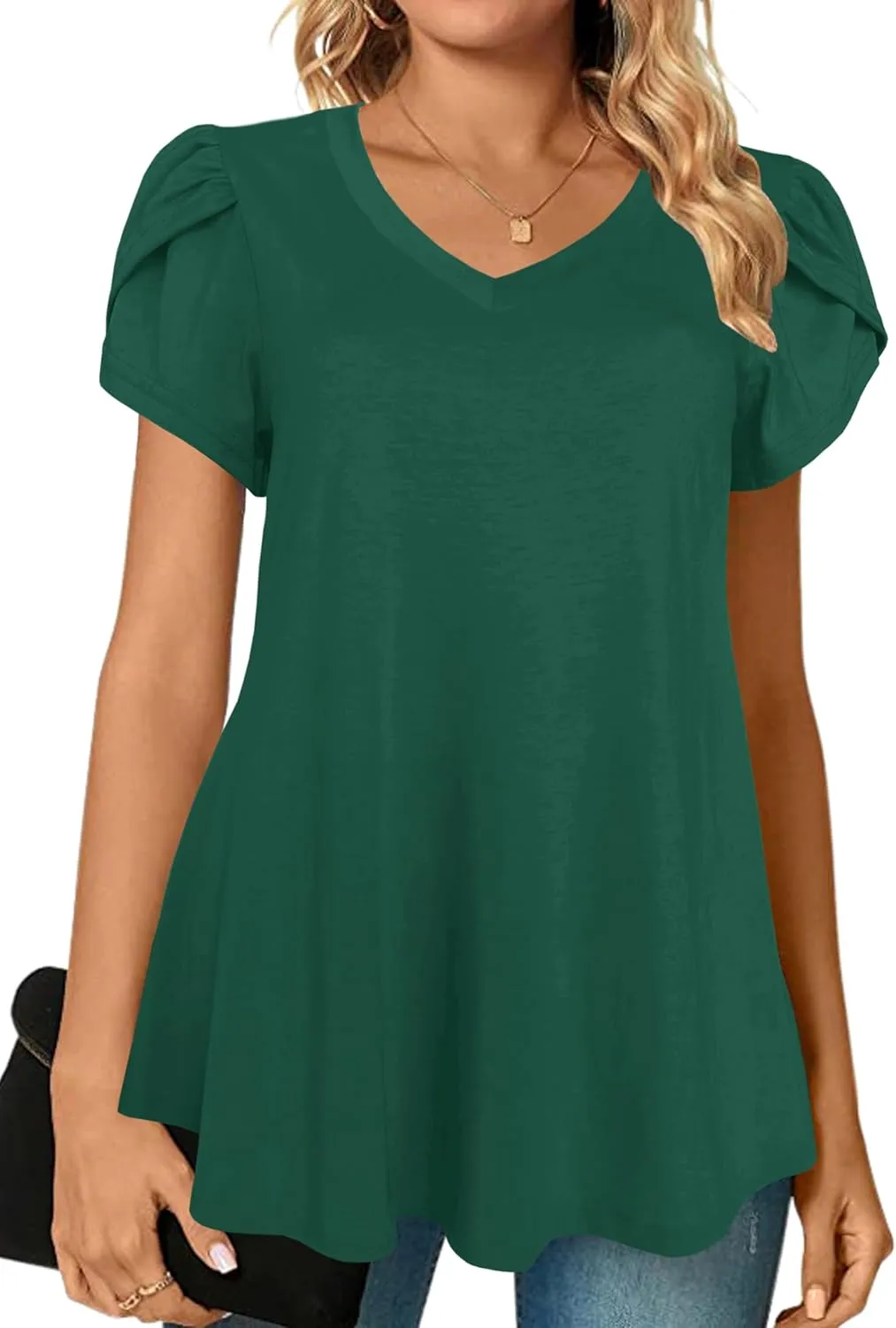Afibi Womens Summer V Neck Loose Dressy Shirts Petal Short Sleeve Tunic Tops