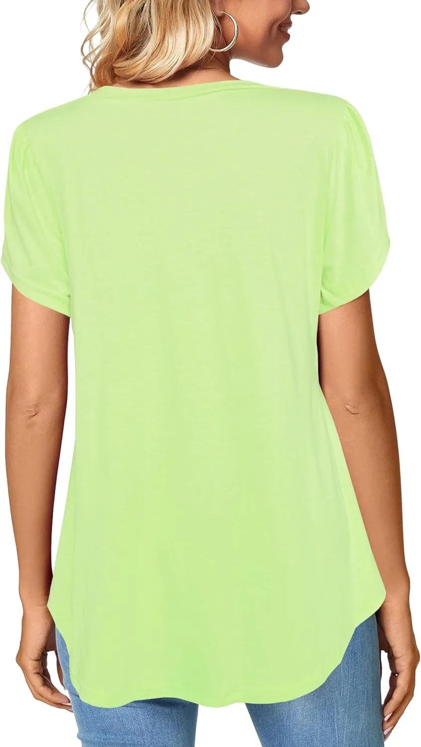 Afibi Womens Summer V Neck Loose Dressy Shirts Petal Short Sleeve Tunic Tops