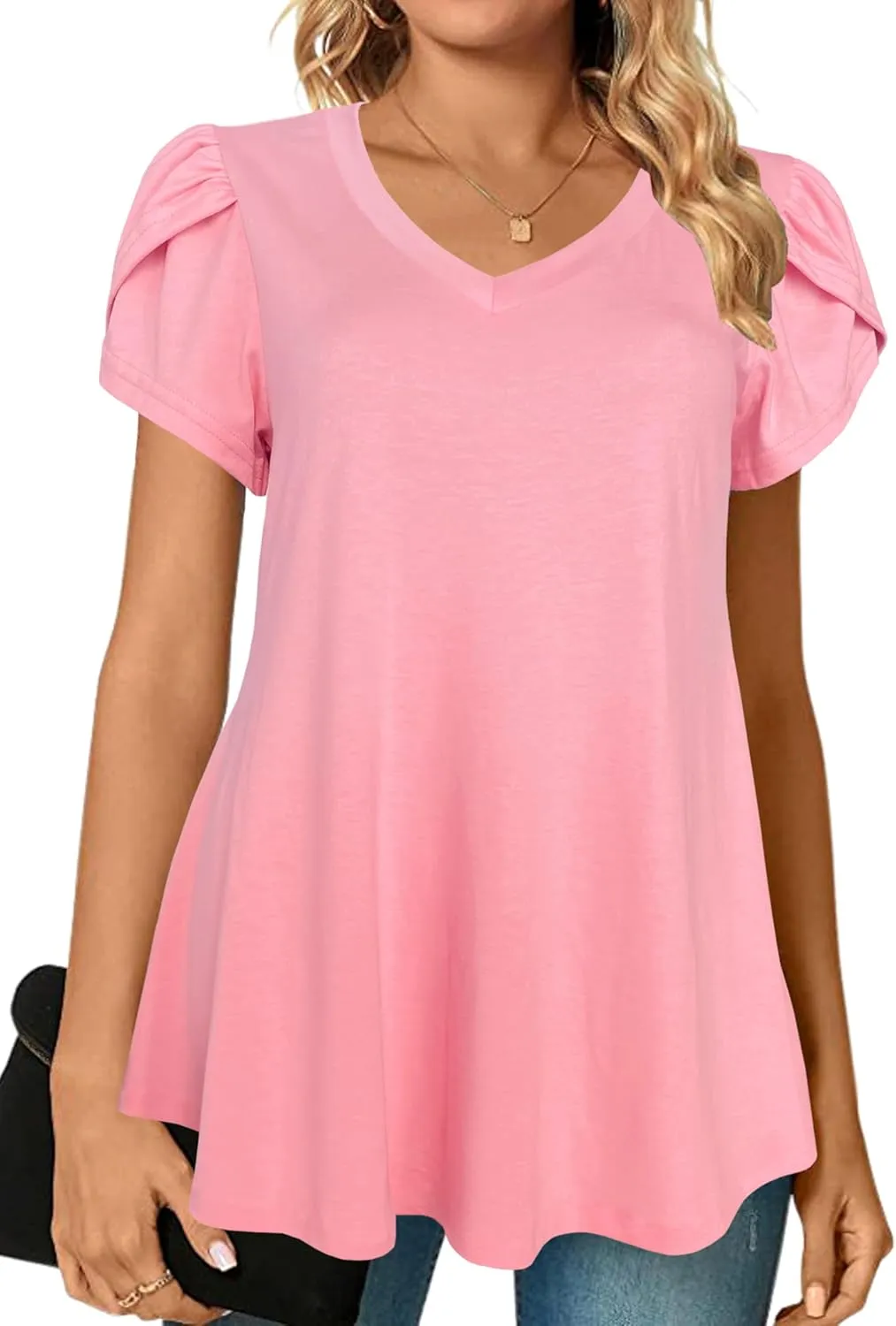 Afibi Womens Summer V Neck Loose Dressy Shirts Petal Short Sleeve Tunic Tops
