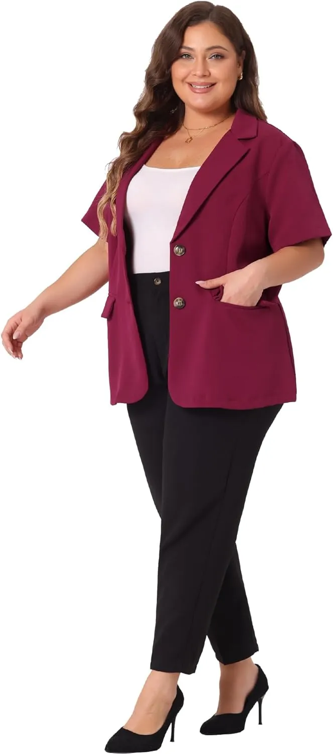 Agnes Orinda Plus Size Casual Blazers for Women Short Sleeve Notched Lapel Button Work Office Blazer Suit Jacket
