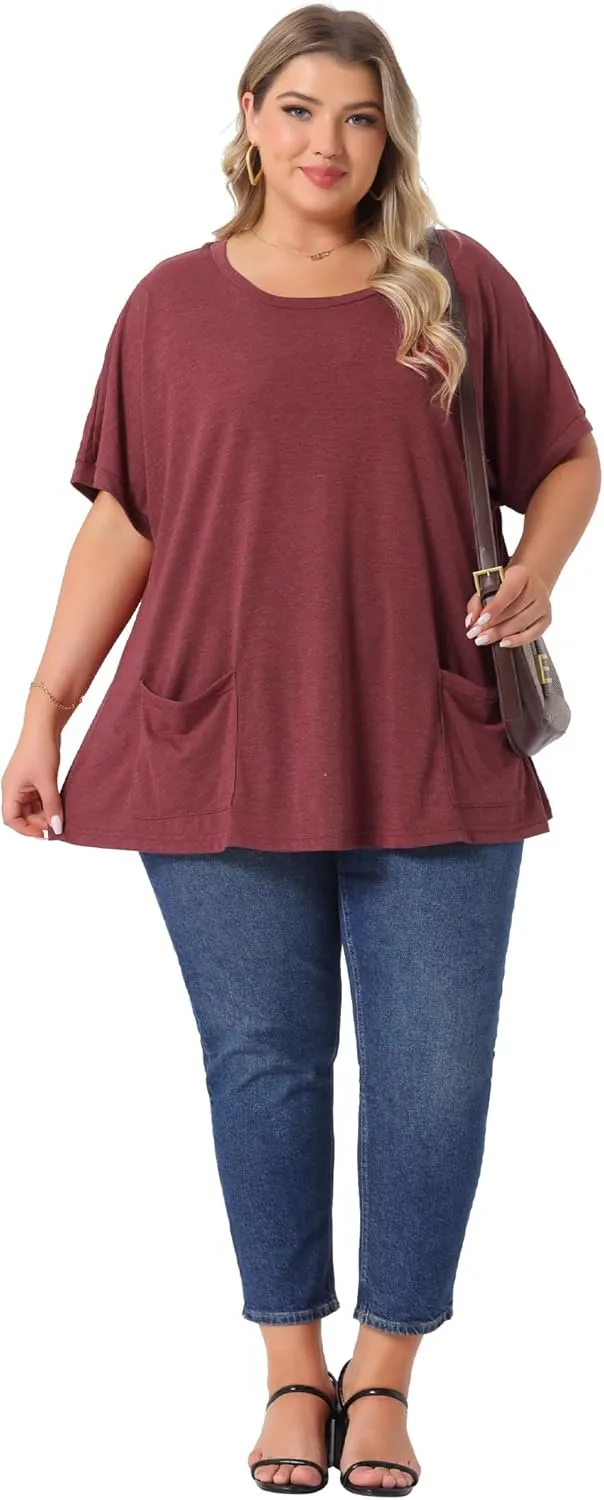 Agnes Orinda Plus Size Women's Crew Neck Short Sleeve Tops Loose Fit Summer t Shirt Tee Tops with Pocket Casual 2025