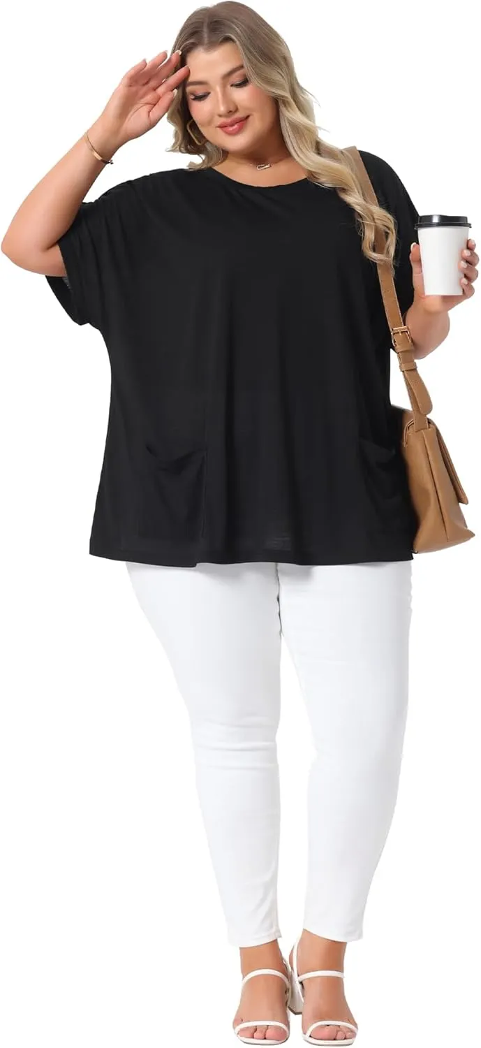 Agnes Orinda Plus Size Women's Crew Neck Short Sleeve Tops Loose Fit Summer t Shirt Tee Tops with Pocket Casual 2025