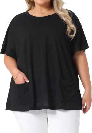 Agnes Orinda Plus Size Women's Crew Neck Short Sleeve Tops Loose Fit Summer t Shirt Tee Tops with Pocket Casual 2025