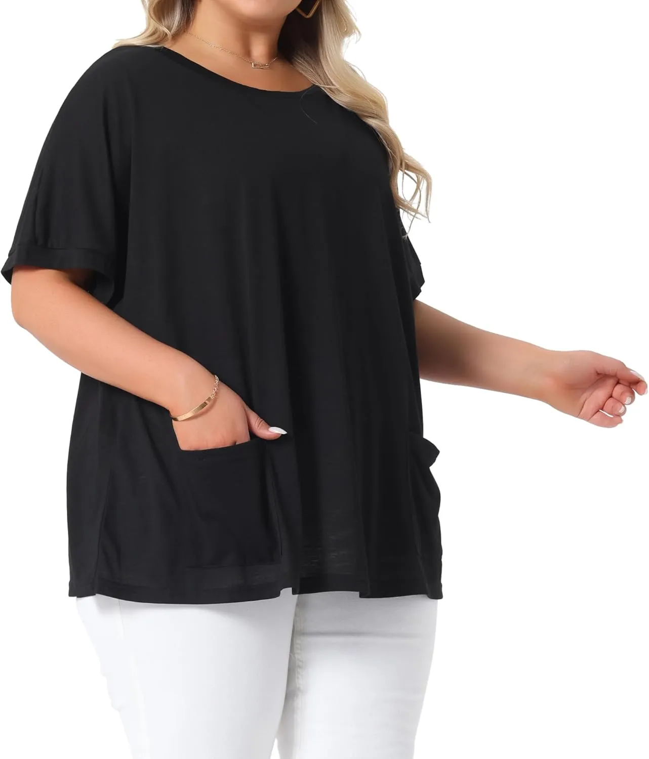 Agnes Orinda Plus Size Women's Crew Neck Short Sleeve Tops Loose Fit Summer t Shirt Tee Tops with Pocket Casual 2025