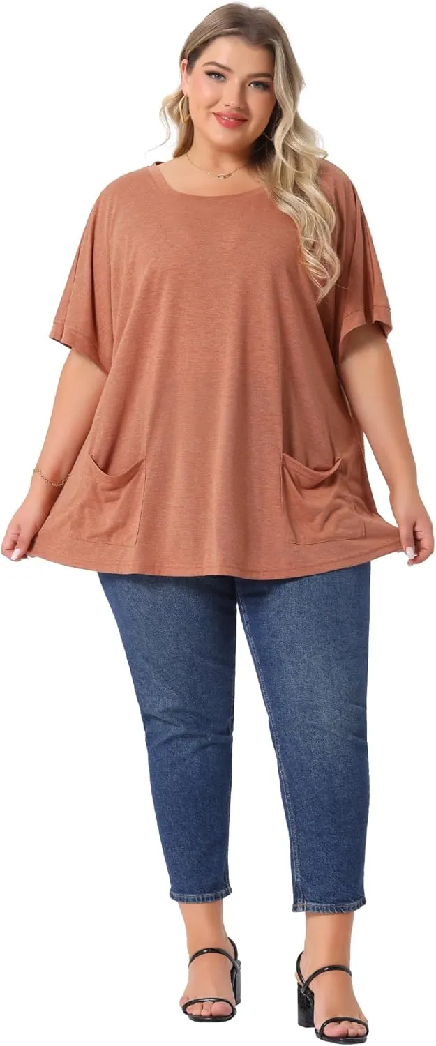 Agnes Orinda Plus Size Women's Crew Neck Short Sleeve Tops Loose Fit Summer t Shirt Tee Tops with Pocket Casual 2025