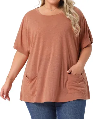 Agnes Orinda Plus Size Women's Crew Neck Short Sleeve Tops Loose Fit Summer t Shirt Tee Tops with Pocket Casual 2025