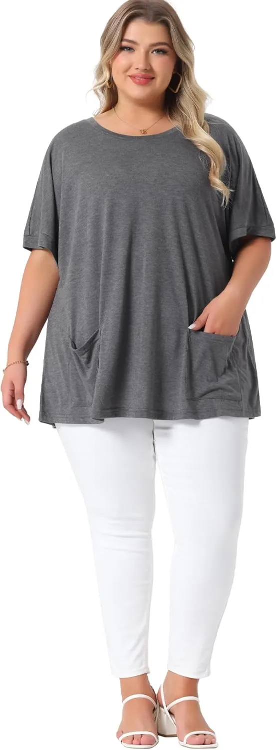 Agnes Orinda Plus Size Women's Crew Neck Short Sleeve Tops Loose Fit Summer t Shirt Tee Tops with Pocket Casual 2025