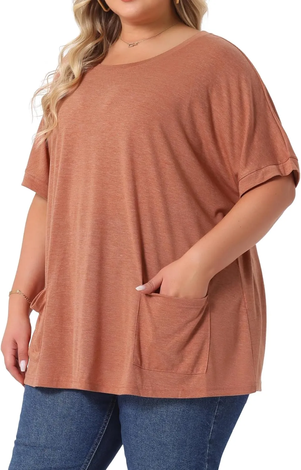 Agnes Orinda Plus Size Women's Crew Neck Short Sleeve Tops Loose Fit Summer t Shirt Tee Tops with Pocket Casual 2025