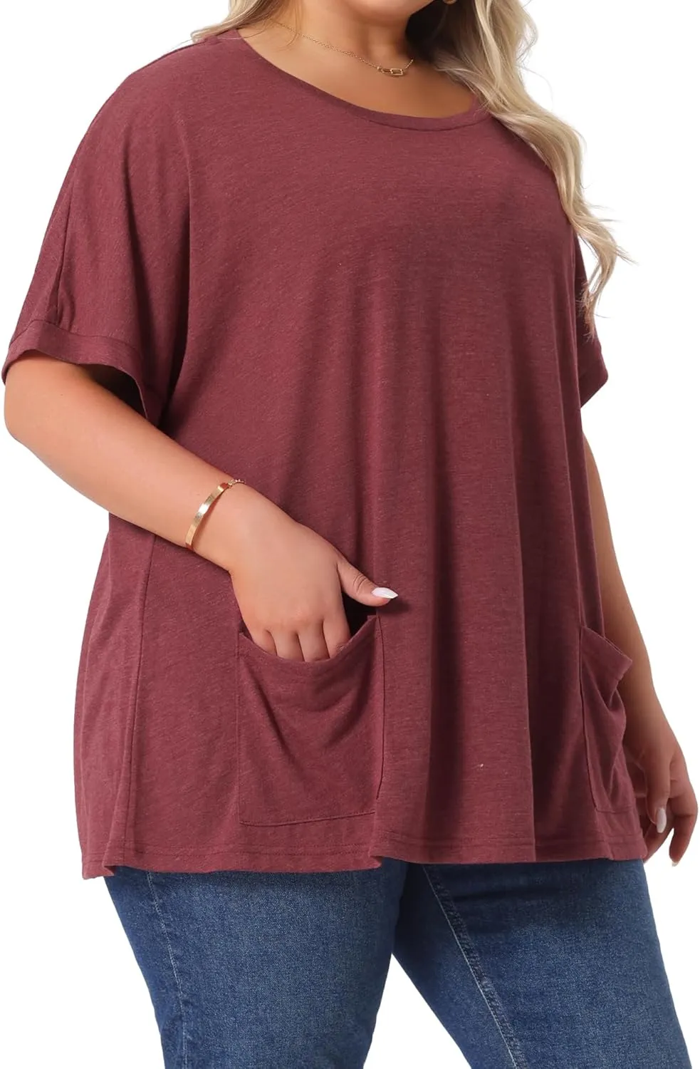 Agnes Orinda Plus Size Women's Crew Neck Short Sleeve Tops Loose Fit Summer t Shirt Tee Tops with Pocket Casual 2025