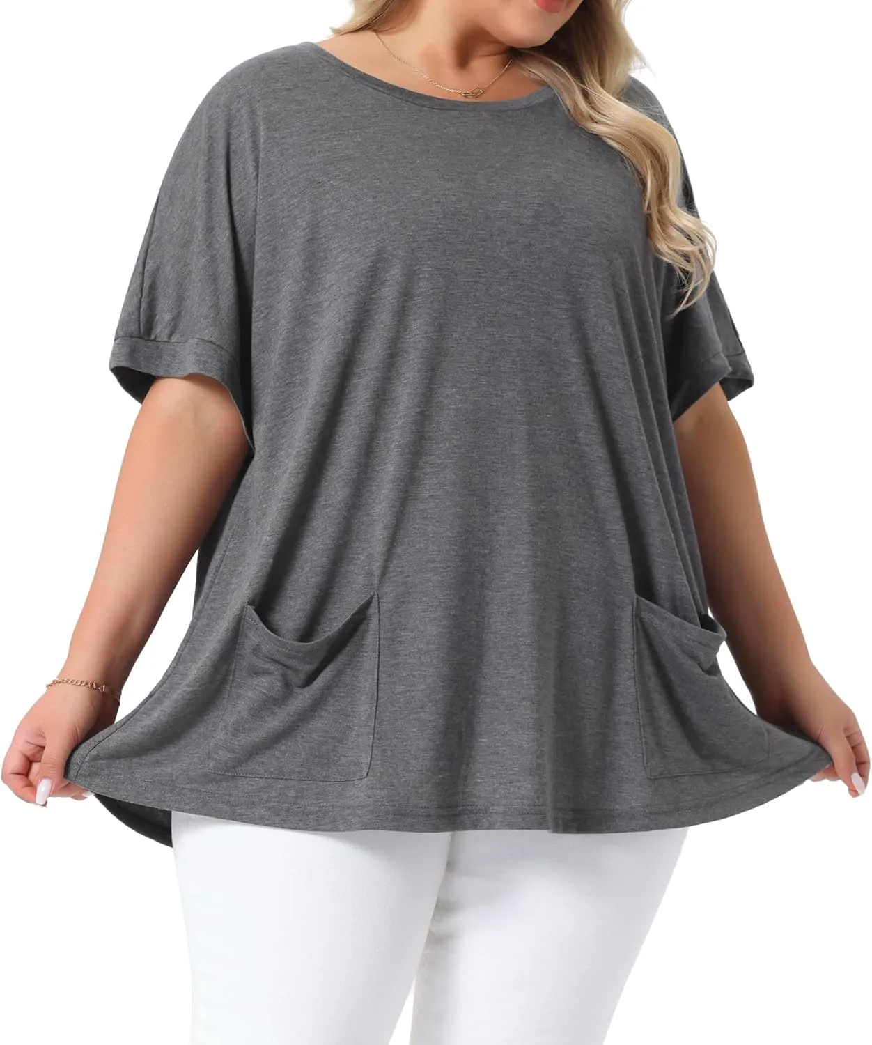 Agnes Orinda Plus Size Women's Crew Neck Short Sleeve Tops Loose Fit Summer t Shirt Tee Tops with Pocket Casual 2025