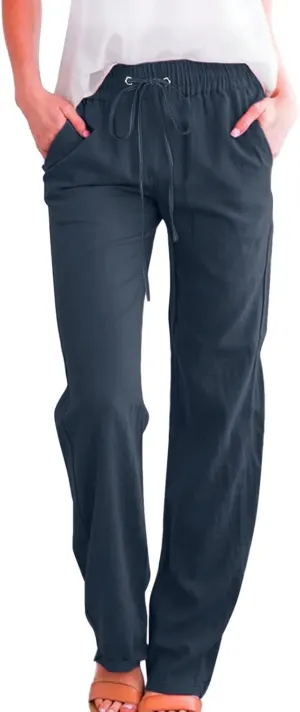 aihihe Linen Pants for Women Casual Summer Drawstring Elastic High Waist Yoga Pants Loose Fit Comfy Straight Leg Palazzo Pant