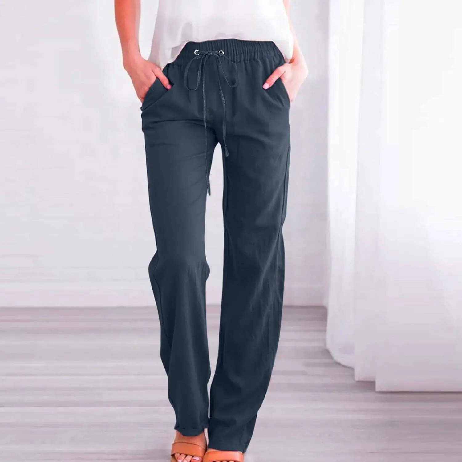 aihihe Linen Pants for Women Casual Summer Drawstring Elastic High Waist Yoga Pants Loose Fit Comfy Straight Leg Palazzo Pant