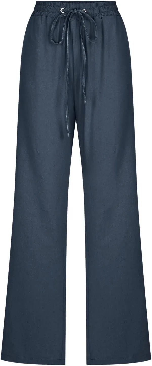 aihihe Linen Pants for Women Casual Summer Drawstring Elastic High Waist Yoga Pants Loose Fit Comfy Straight Leg Palazzo Pant