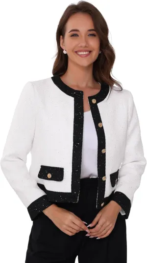 Allegra K Sequined Tweed Blazer for Women's Collarless Button Up Casual Office Short Blazers