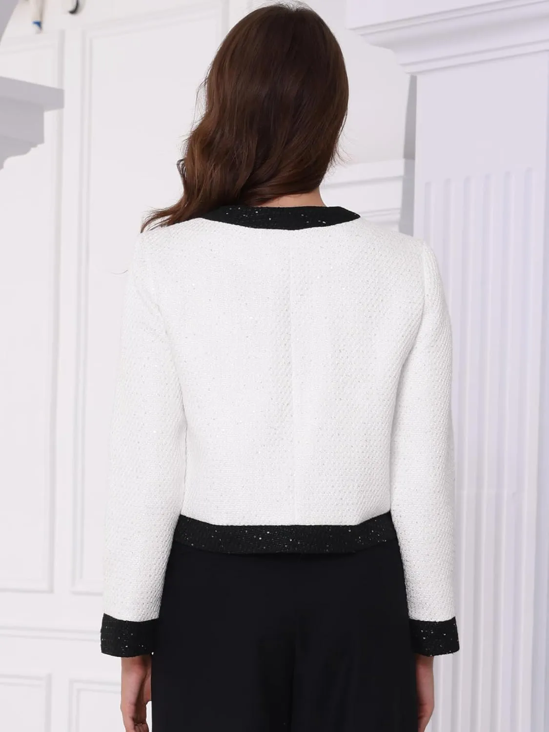 Allegra K Sequined Tweed Blazer for Women's Collarless Button Up Casual Office Short Blazers