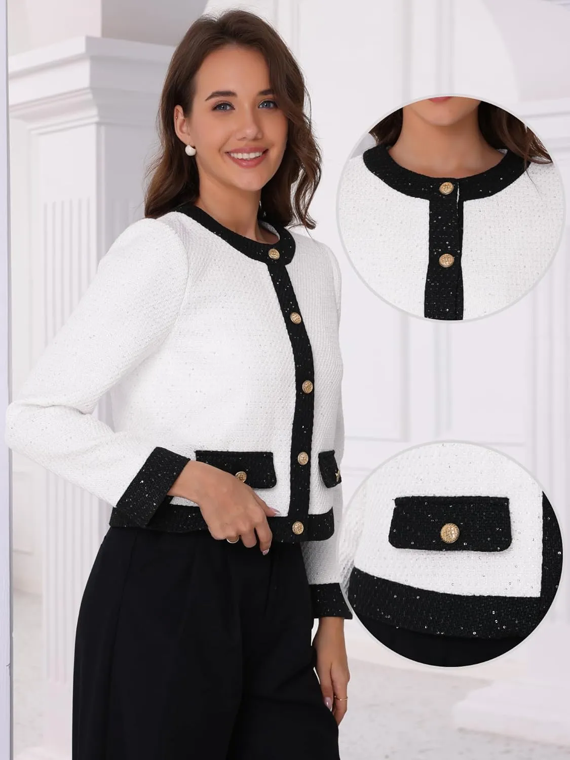 Allegra K Sequined Tweed Blazer for Women's Collarless Button Up Casual Office Short Blazers