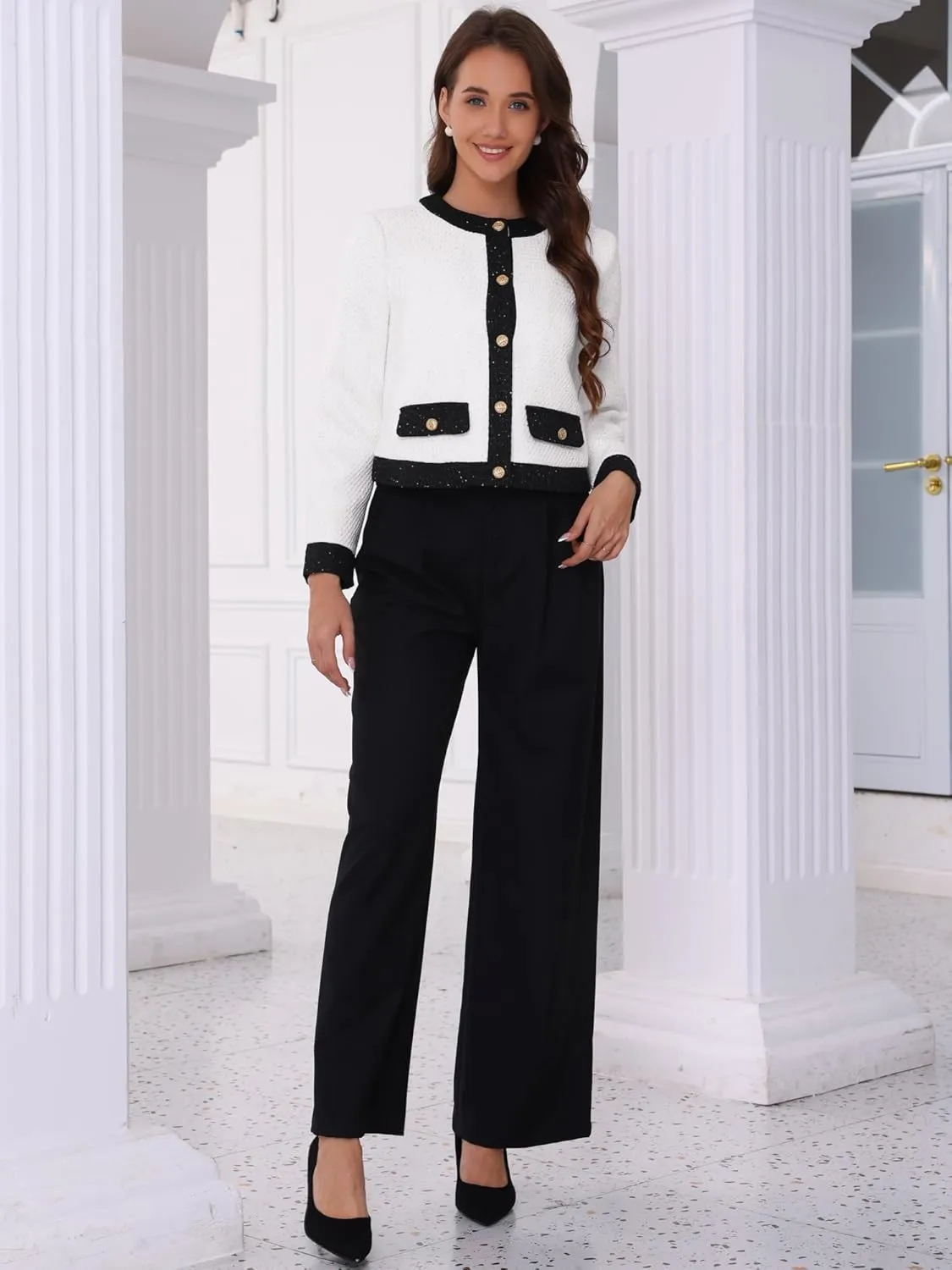 Allegra K Sequined Tweed Blazer for Women's Collarless Button Up Casual Office Short Blazers