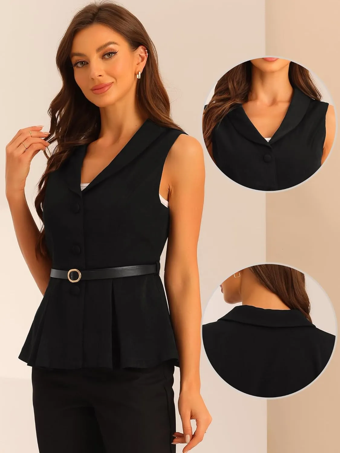 Allegra K Sleeveless Blazer for Women's Formal Dressy Casual Shawl Collar Belted Peplum Blazers