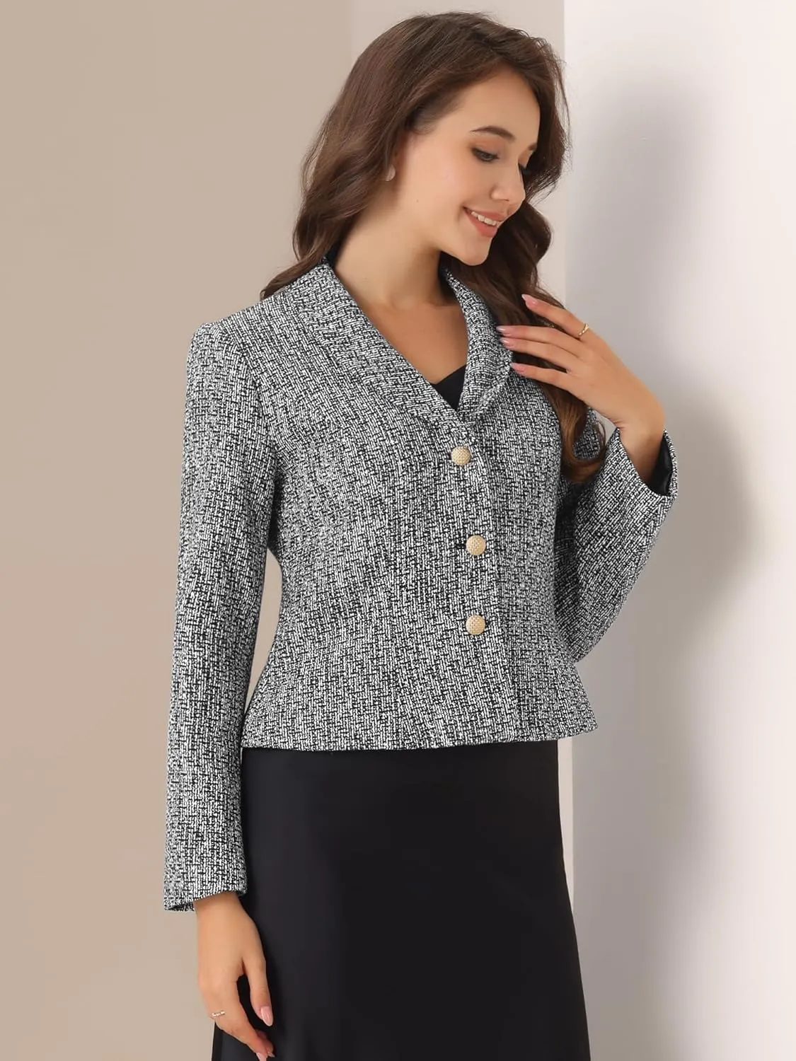 Allegra K Tweed Blazers for Women's Lapel Collar Long Sleeves Blazer Jackets