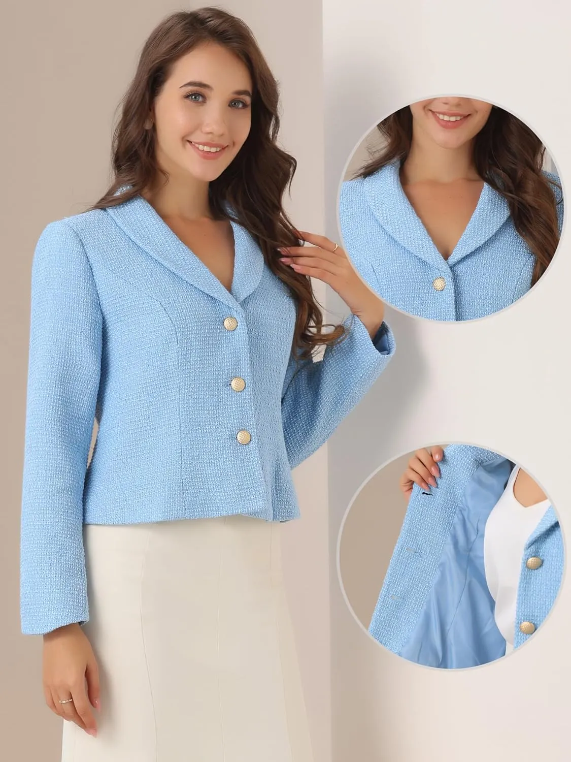 Allegra K Tweed Blazers for Women's Lapel Collar Long Sleeves Blazer Jackets